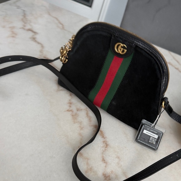 Gucci Black Suede Crossbody Bag with Green and Red Stripe - Picture 6 of 6